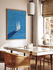 Modern sailboat wall art illustration with a white yacht on a blue striped ocean, casting a long shadow. - Image 2