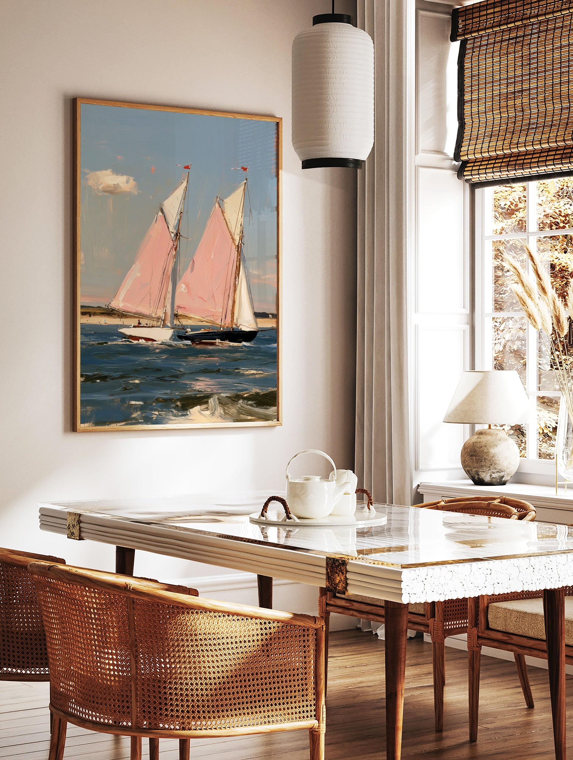 Painterly art print of two sailboats with pink sails on blue water, coastal nautical scene, in a styled room mockup