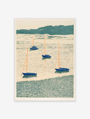 Illustration of five blue sailboats with orange masts on a textured teal sea