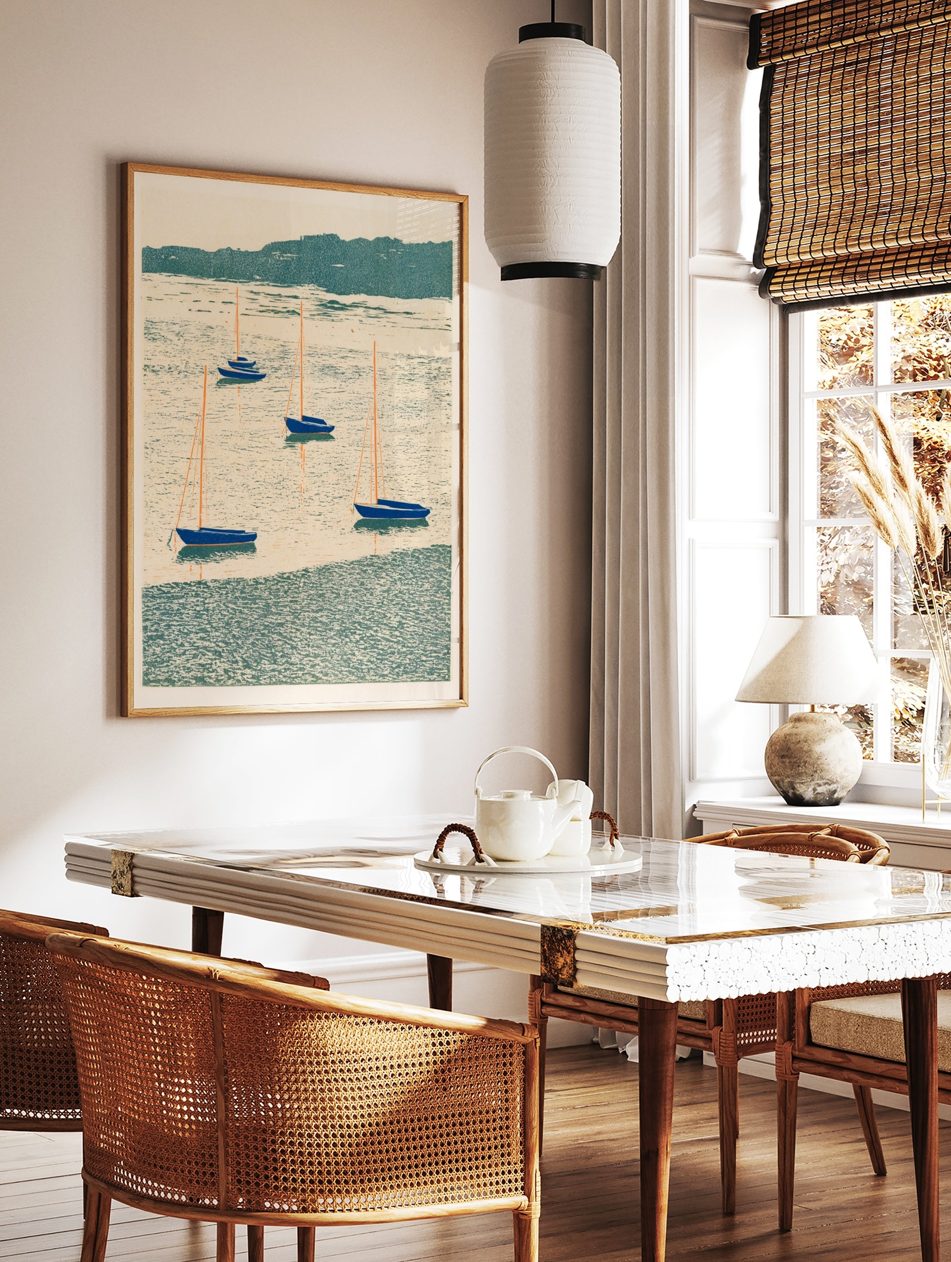 Illustration of five blue sailboats with orange masts on a textured teal sea, in a styled room mockup
