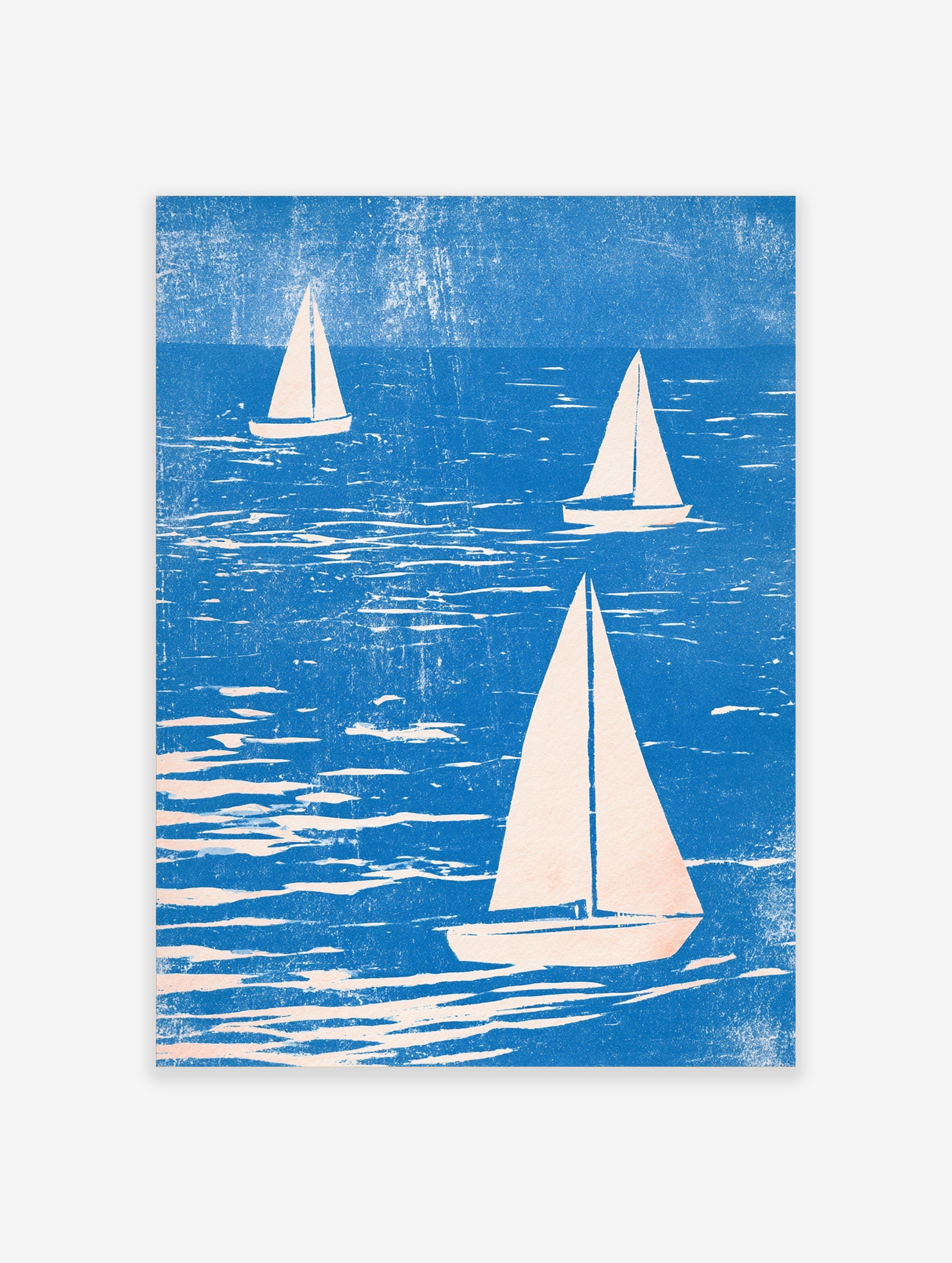 Three sailboats on textured blue water, illustrative style nautical wall art print with cream sails