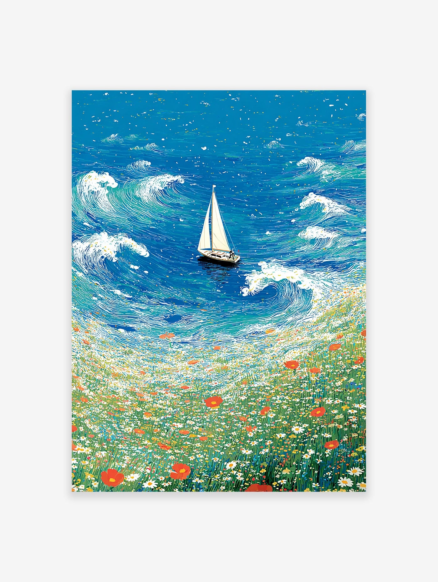 Illustrative Sailboat Wall Art depicting a white sailboat on a blue ocean with waves, bordering a vibrant field of red poppies and daisies.