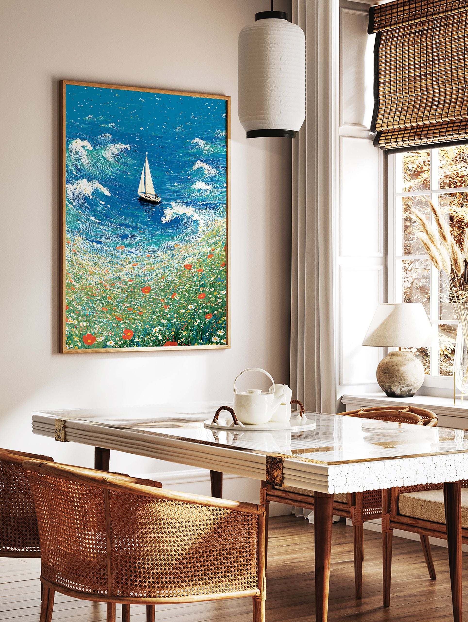 Illustrative Sailboat Wall Art depicting a white sailboat on a blue ocean with waves, bordering a vibrant field of red poppies and daisies. - Image 2