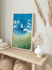 Illustrative Sailboat Wall Art depicting a white sailboat on a blue ocean with waves, bordering a vibrant field of red poppies and daisies. - Image 3
