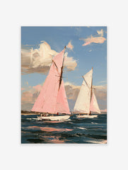 Impressionist painting of two sailboats, one with a pink sail, on a blue sea under a sky with clouds