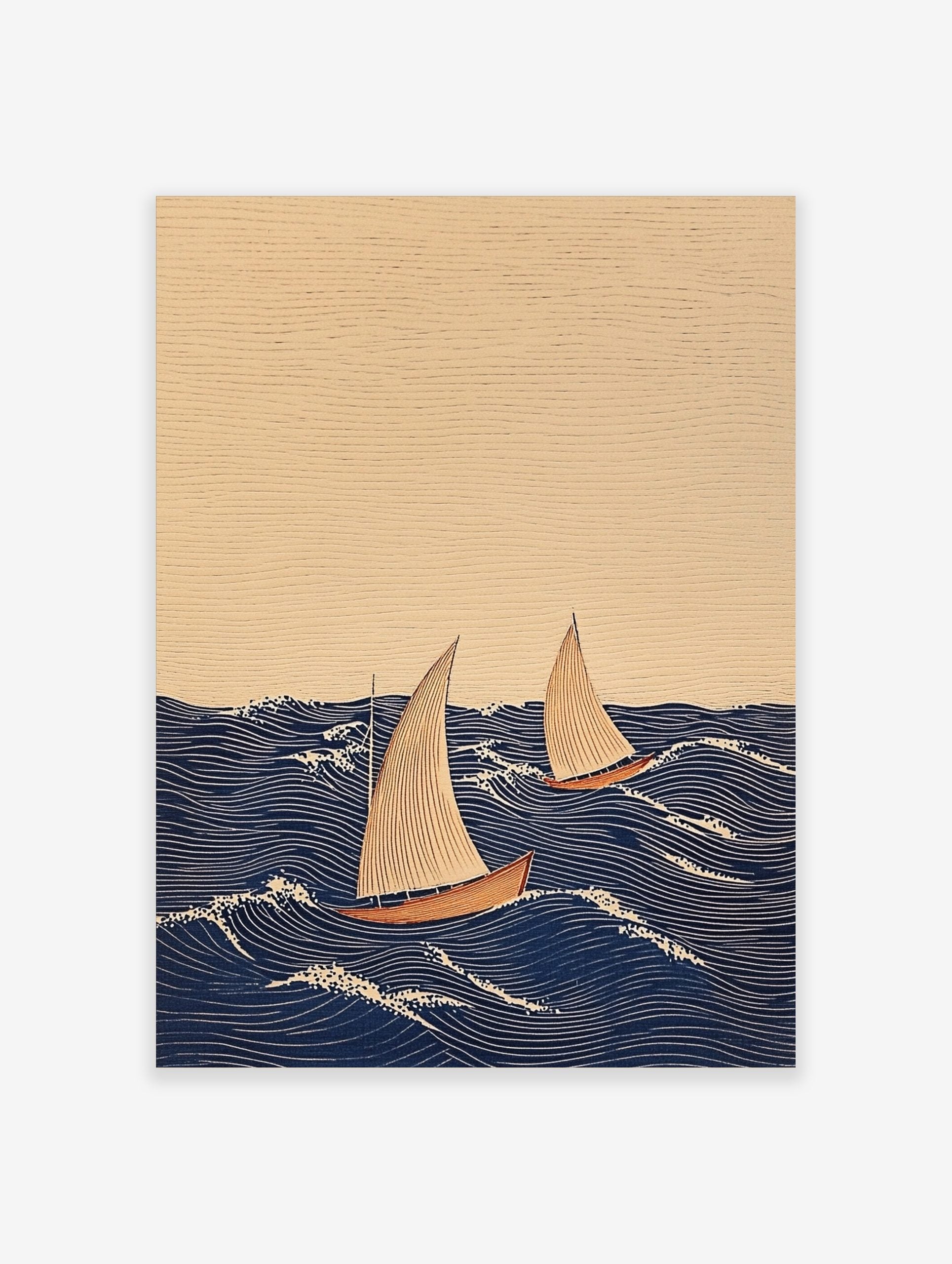 Illustrative print of two sailboats with beige sails and reddish hulls on a dark blue wavy sea with white foam, under a