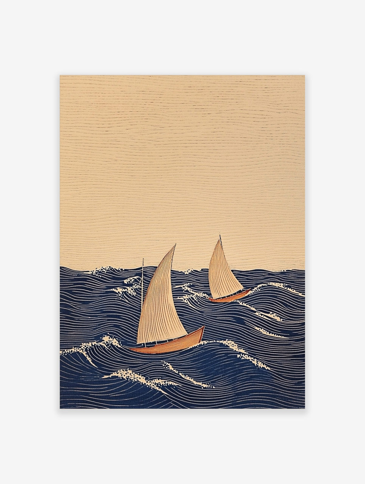 Illustrative print of two sailboats with beige sails and reddish hulls on a dark blue wavy sea with white foam, under a