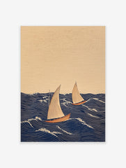 Illustrative print of two sailboats with beige sails and reddish hulls on a dark blue wavy sea with white foam, under a