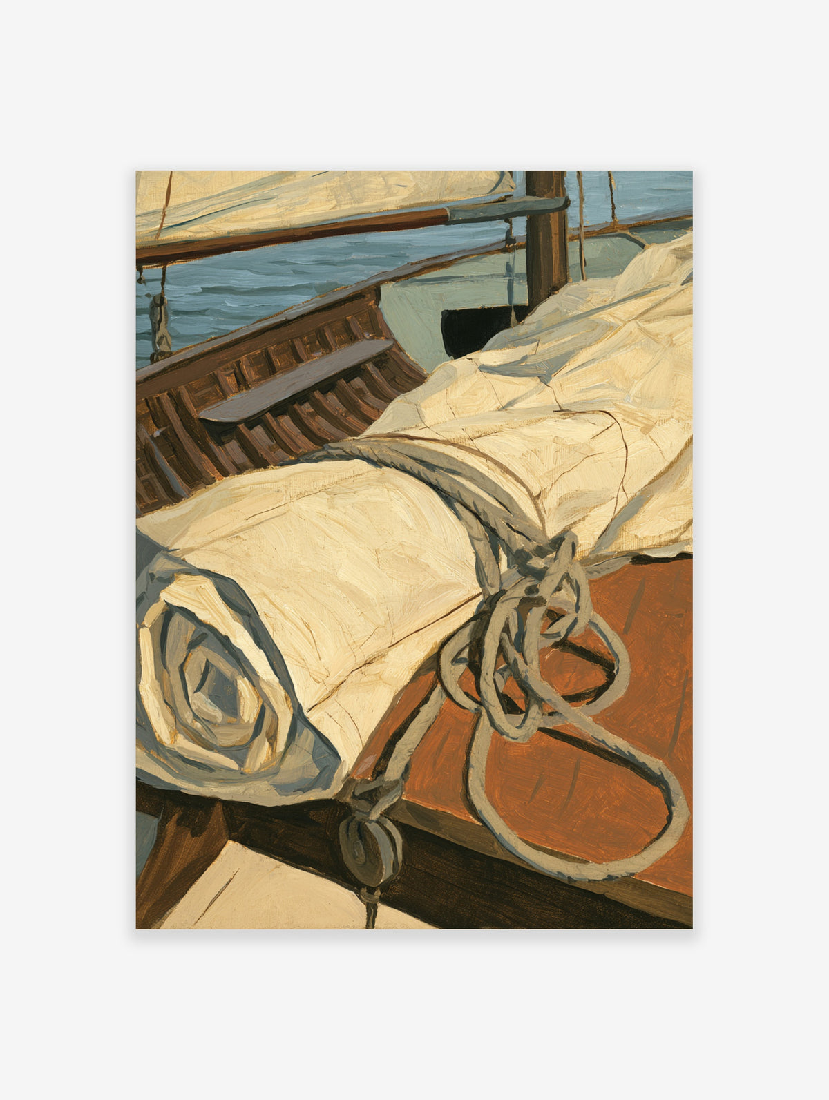 Sailing boat deck poster with coiled rope, folded cream sail, and varnished wood in an impressionist style