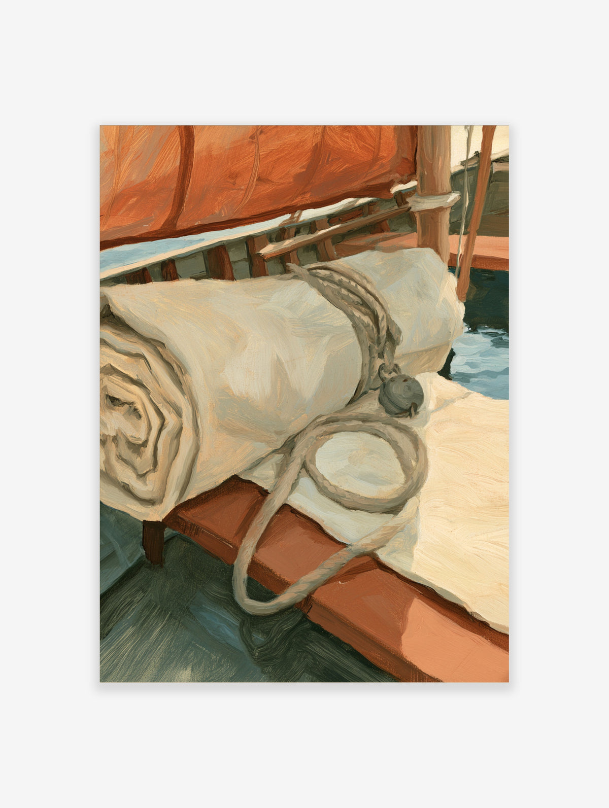 Sailing boat deck poster showing rolled sail, coiled rope, and teak wood in a painting style
