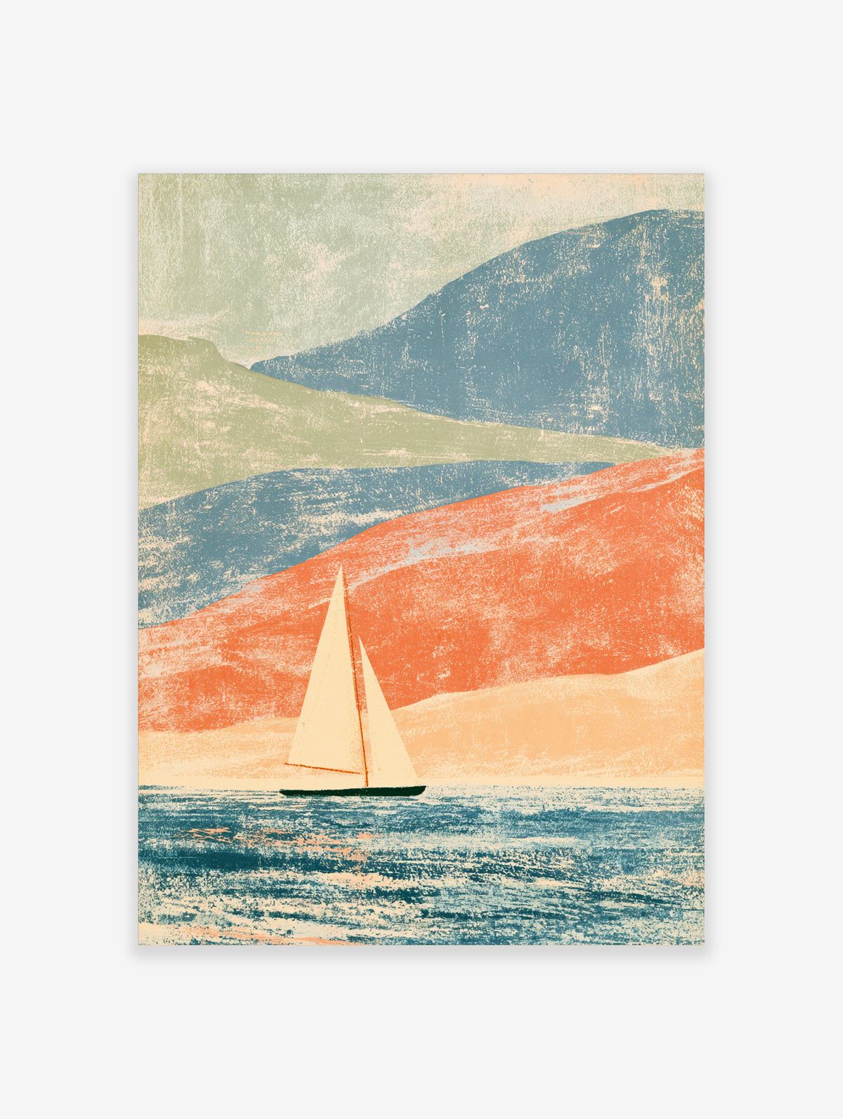 Sailing boat with cream sail on blue water, layered orange and green hills behind, coastal art print