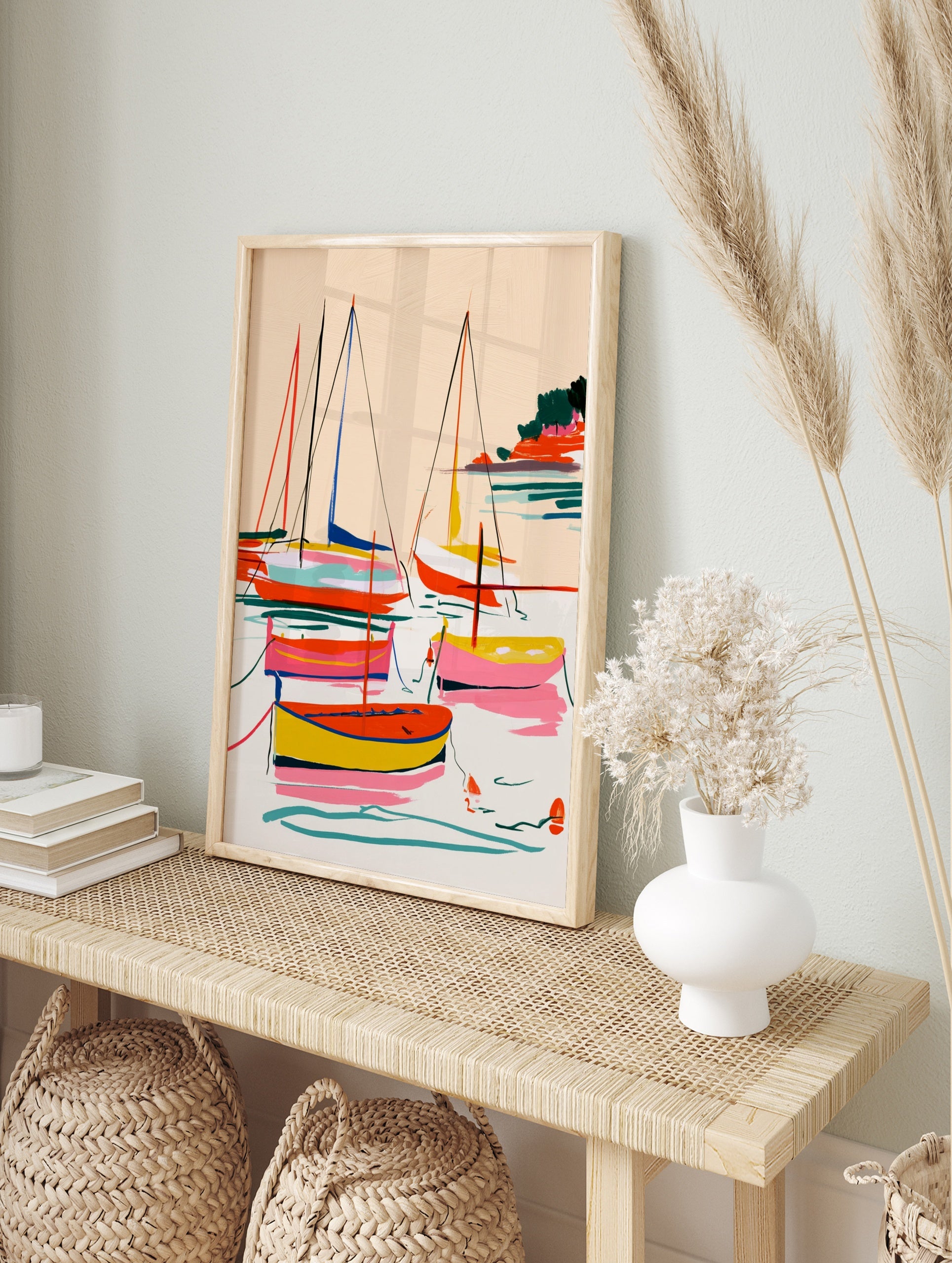 Abstract sailing boats and yachts illustration with vibrant pink, yellow, and teal colours on, in an alternate framed mockup