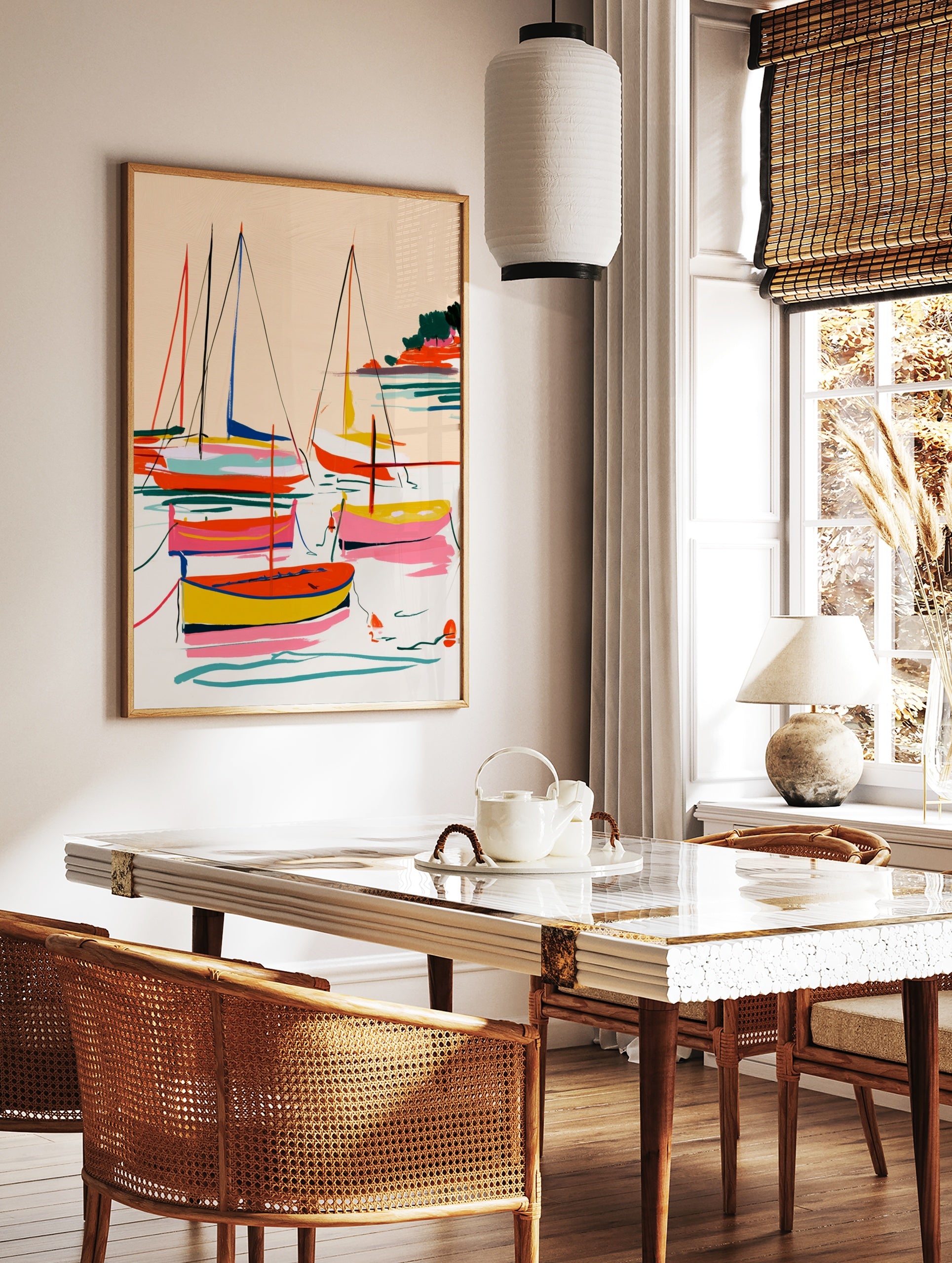 Abstract sailing boats and yachts illustration with vibrant pink, yellow, and teal colours on a, in a styled room mockup