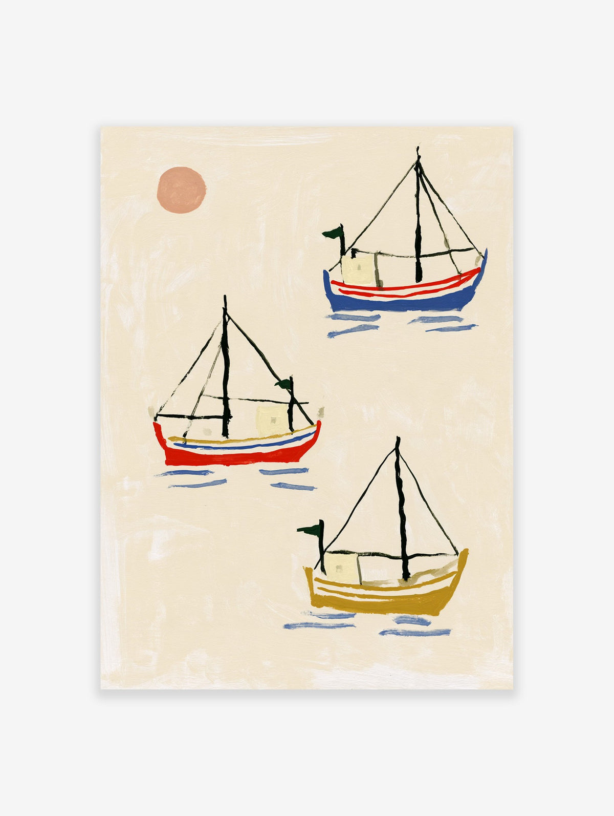 Three colourful sailing boats in red, blue, and yellow on a cream background with a sun, illustrative art print