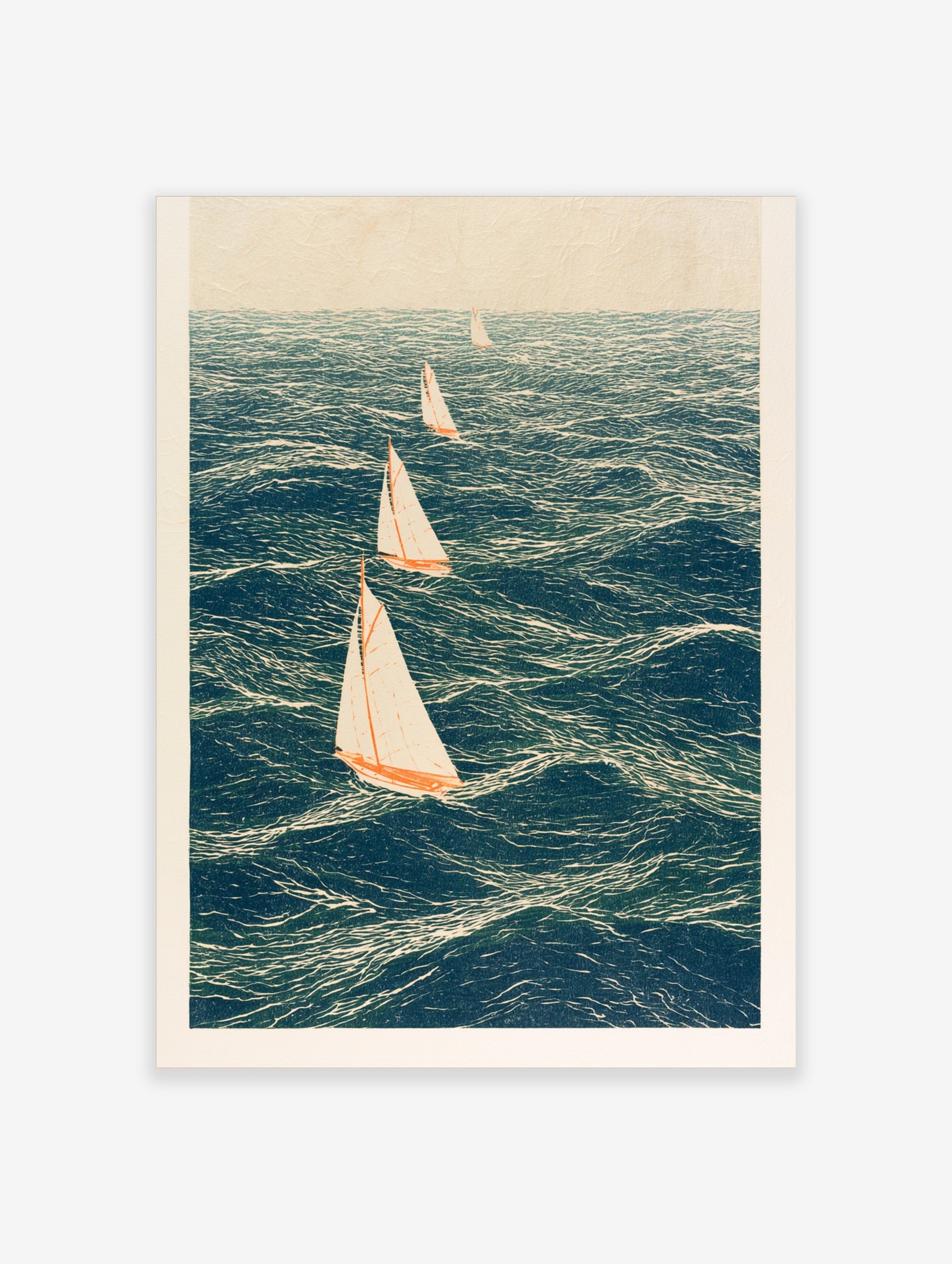 Four sailing boats with white sails and orange hulls on a deep blue sea in an illustrative nautical art print