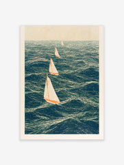 Four sailing boats with white sails and orange hulls on a deep blue sea in an illustrative nautical art print