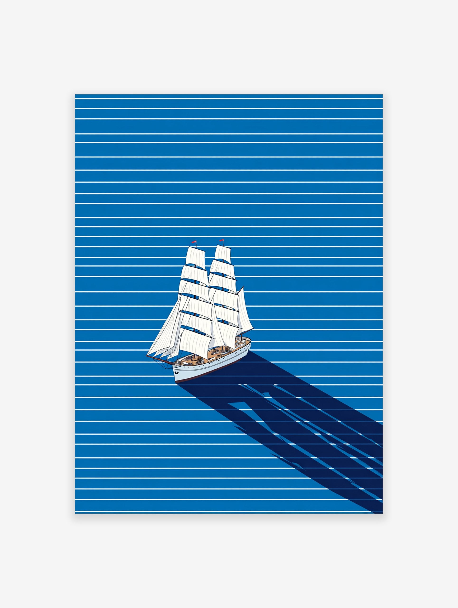 Sailing ship art illustration with white sails on a blue striped background and a long dark shadow.
