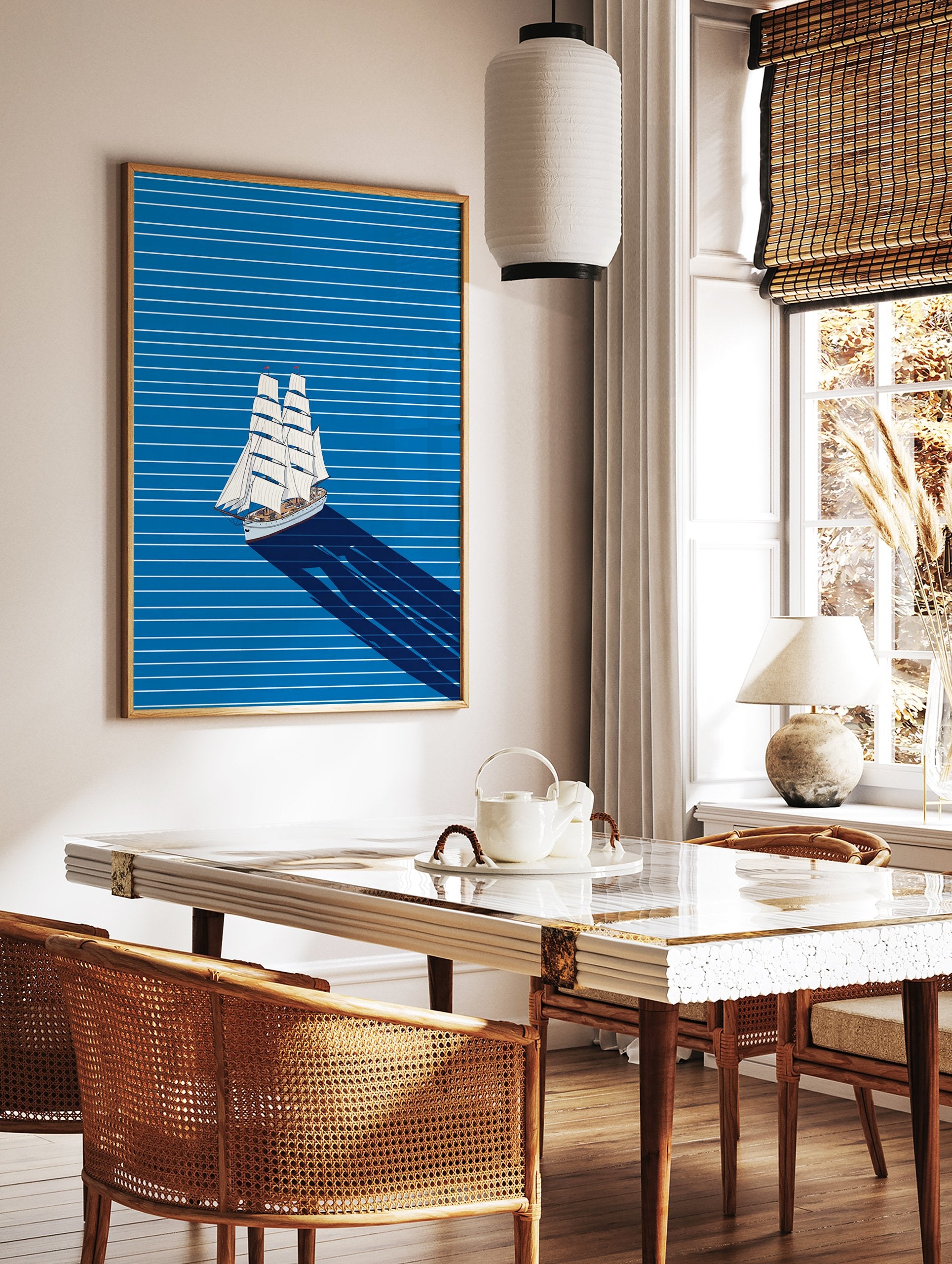 Sailing ship art illustration with white sails on a blue striped background and a long dark shadow. - Image 2