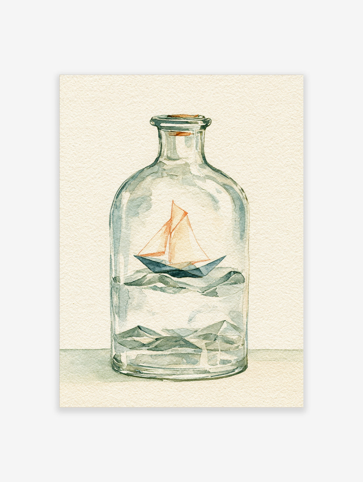 Watercolour sailing ship in a glass bottle with peach sails and blue waves on a plain background