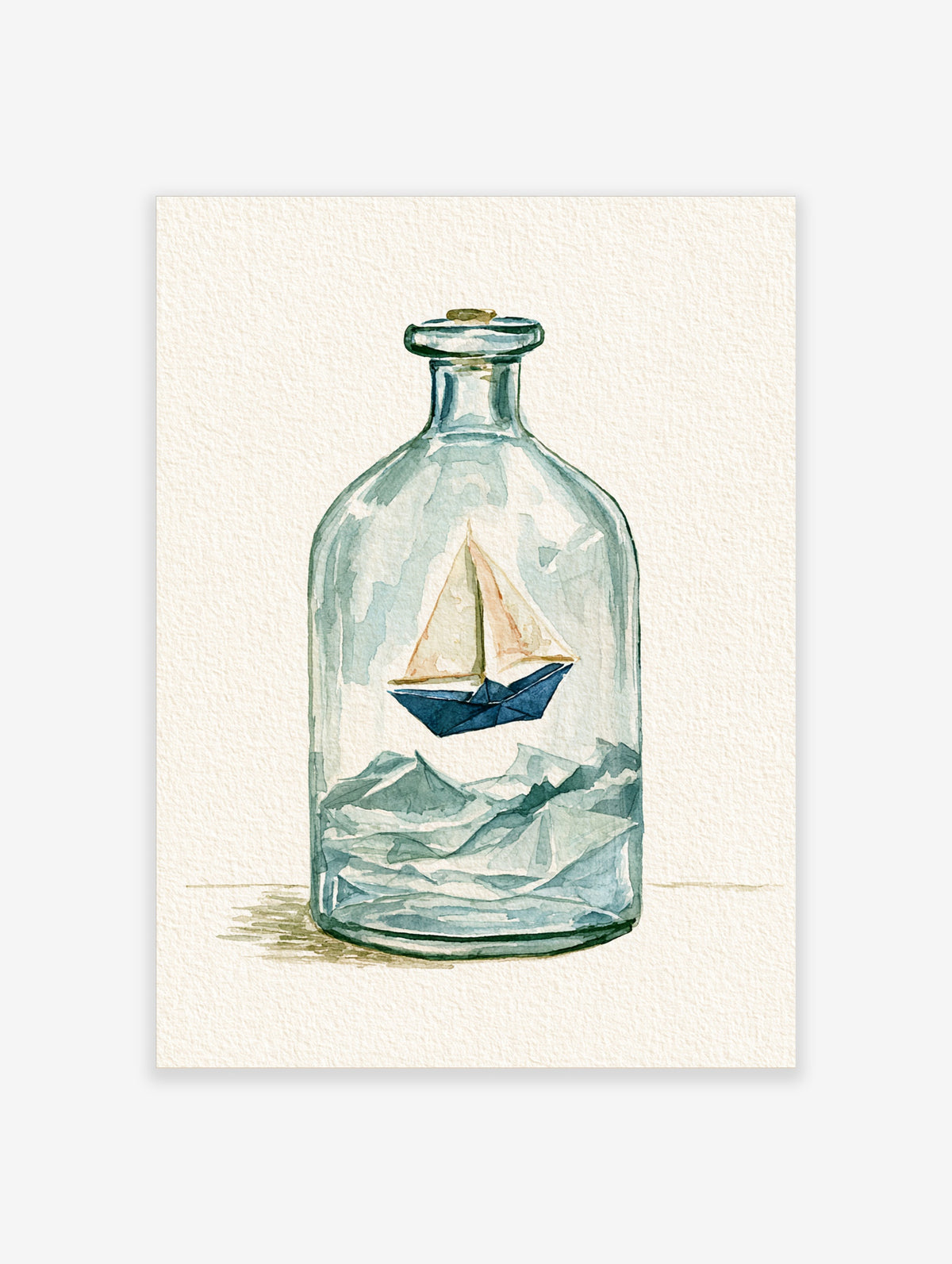 Watercolour painting of a sailing ship in a glass bottle with blue paper boat and pale sails on stylised waves