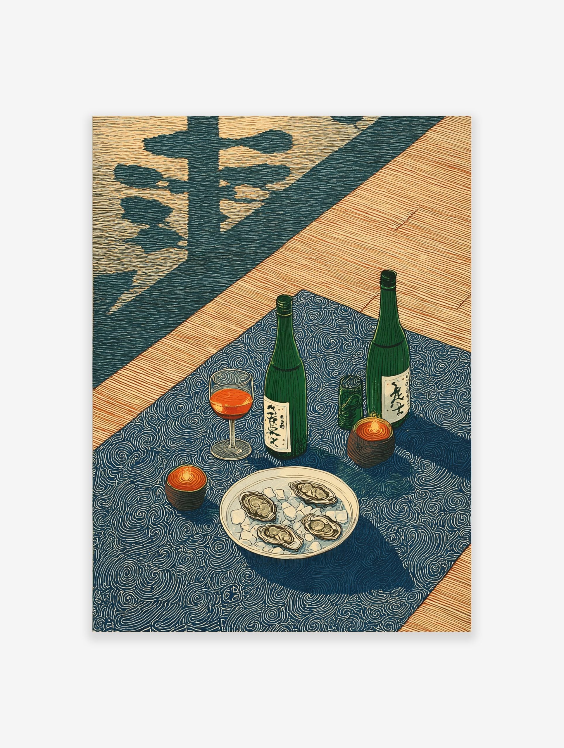 Japanese woodblock style print of two sake bottles, oysters on ice, a drink, and candles on a blue cloth