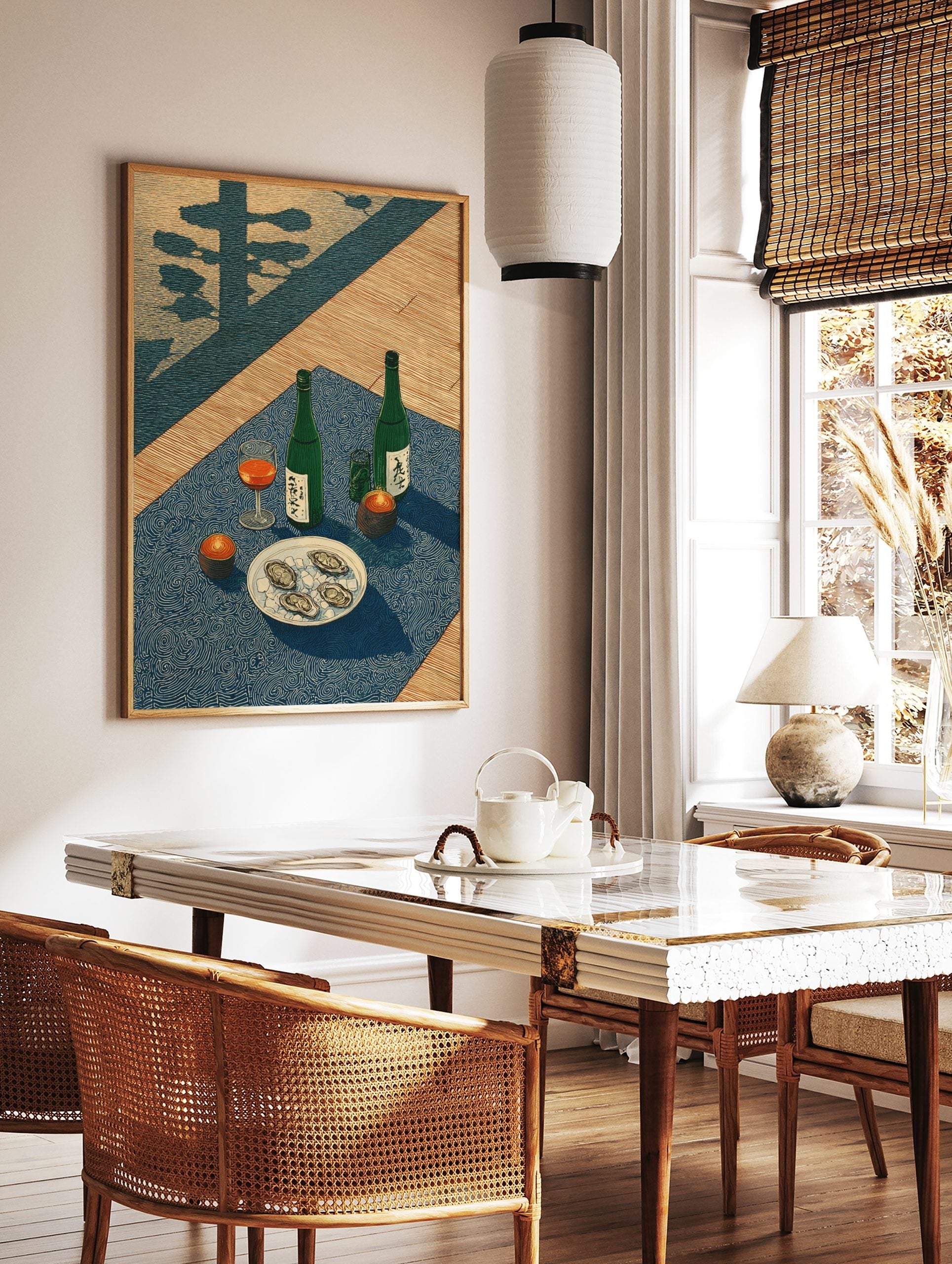 Japanese woodblock style print of two sake bottles, oysters on ice, a drink, and candles on a blue, in a styled room mockup