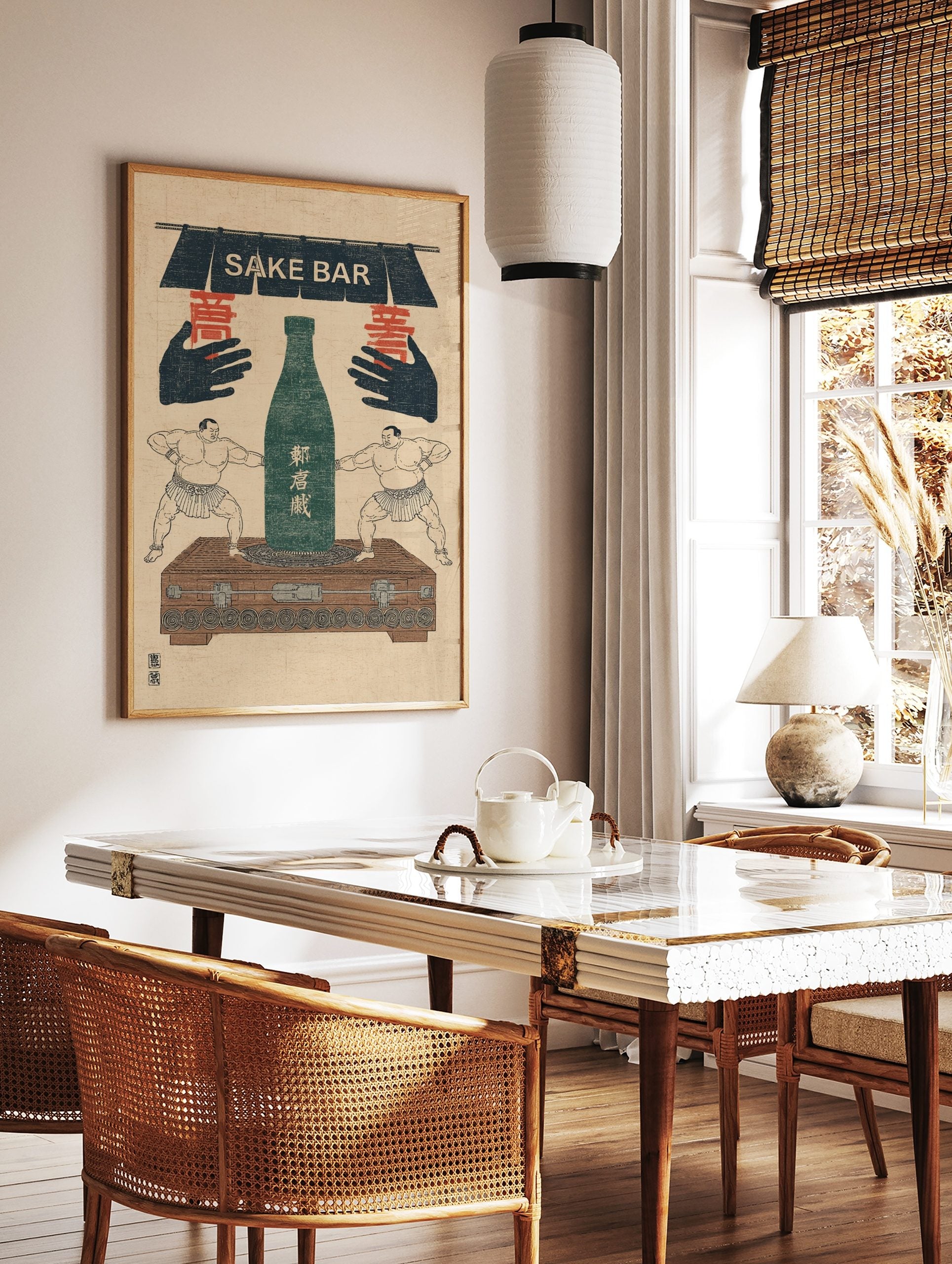 Vintage Japanese sake bar print with two sumo wrestlers, green sake bottle, and "SAKE BAR" sign, in a styled room mockup