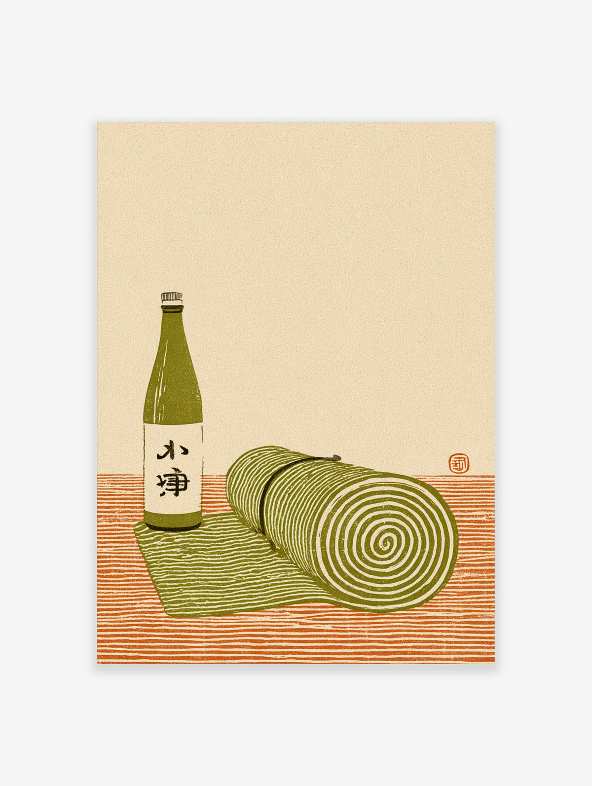 Green sake bottle with kanji label and rolled spiral mat on striped surface, Japanese still life poster