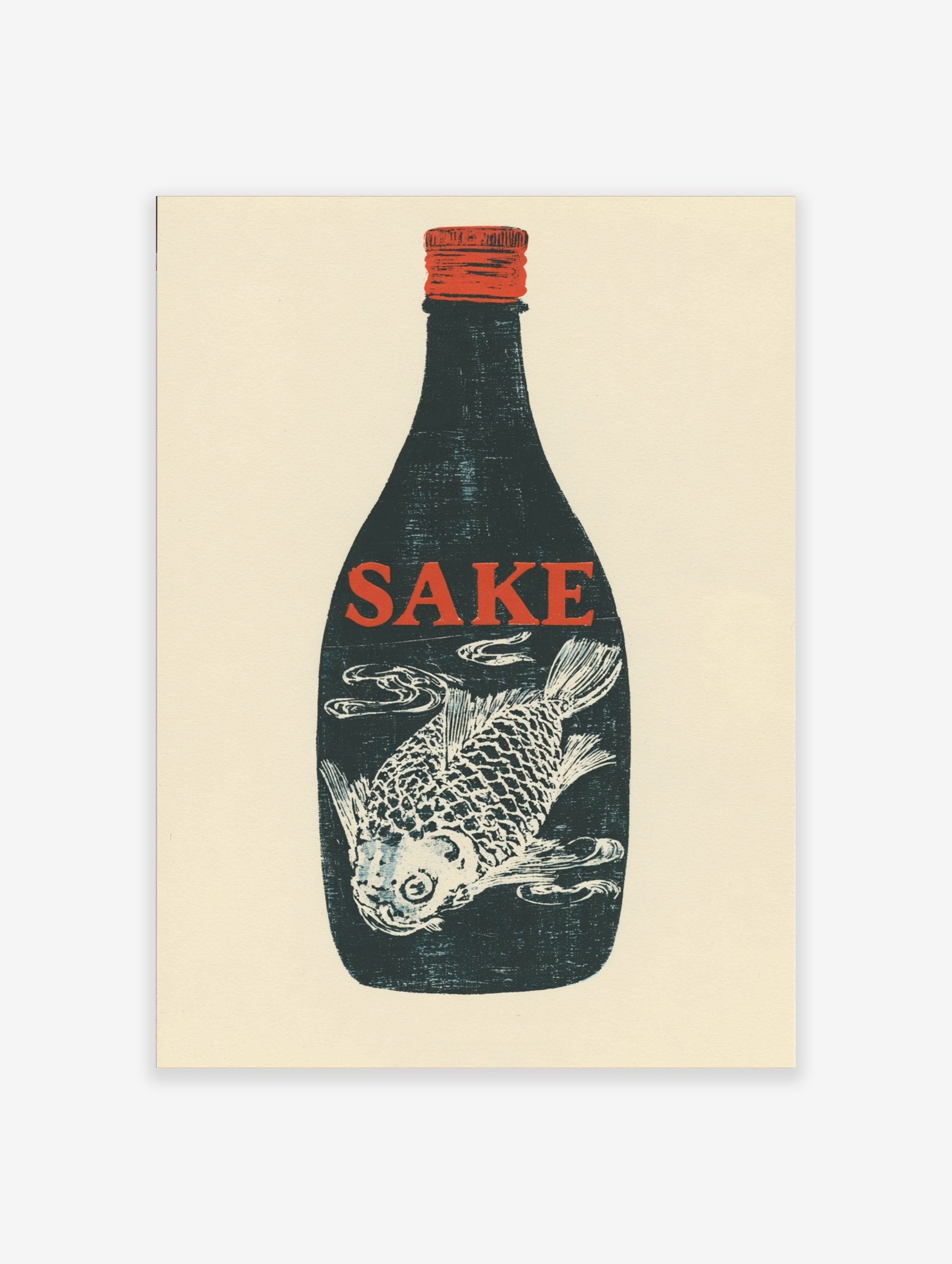 Dark blue sake bottle with red 'SAKE' text and white fish illustration inside, red cap, cream background