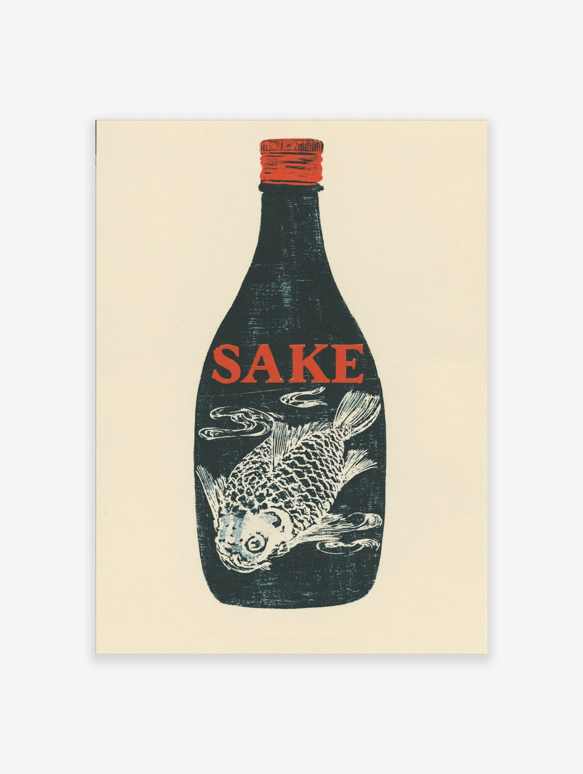 Dark blue sake bottle with red 'SAKE' text and white fish illustration inside, red cap, cream background