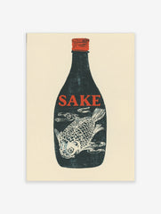 Dark blue sake bottle with red 'SAKE' text and white fish illustration inside, red cap, cream background