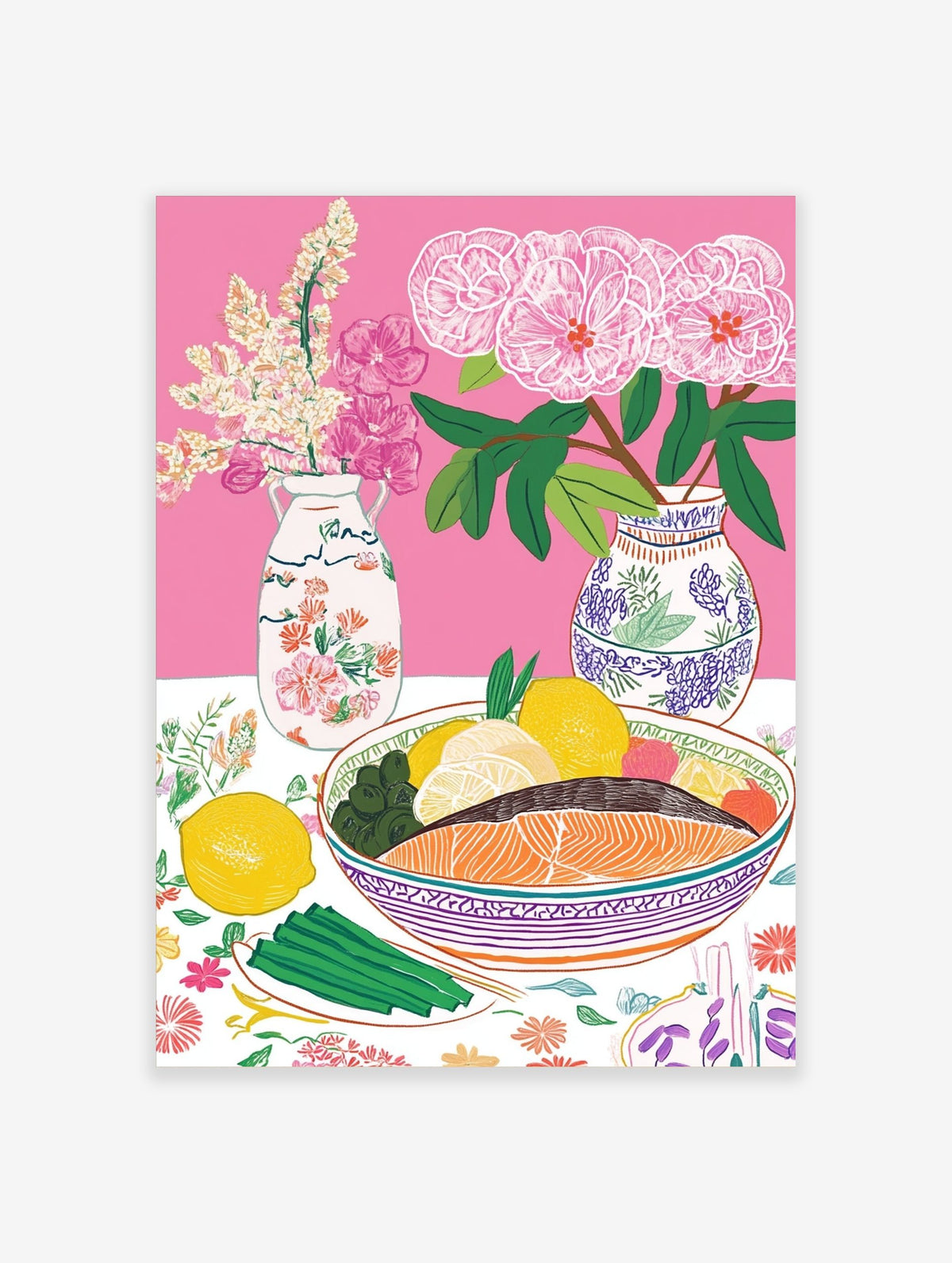 Colourful still life illustration of salmon, lemons, olives, asparagus, and pink flowers in vases on a pink background