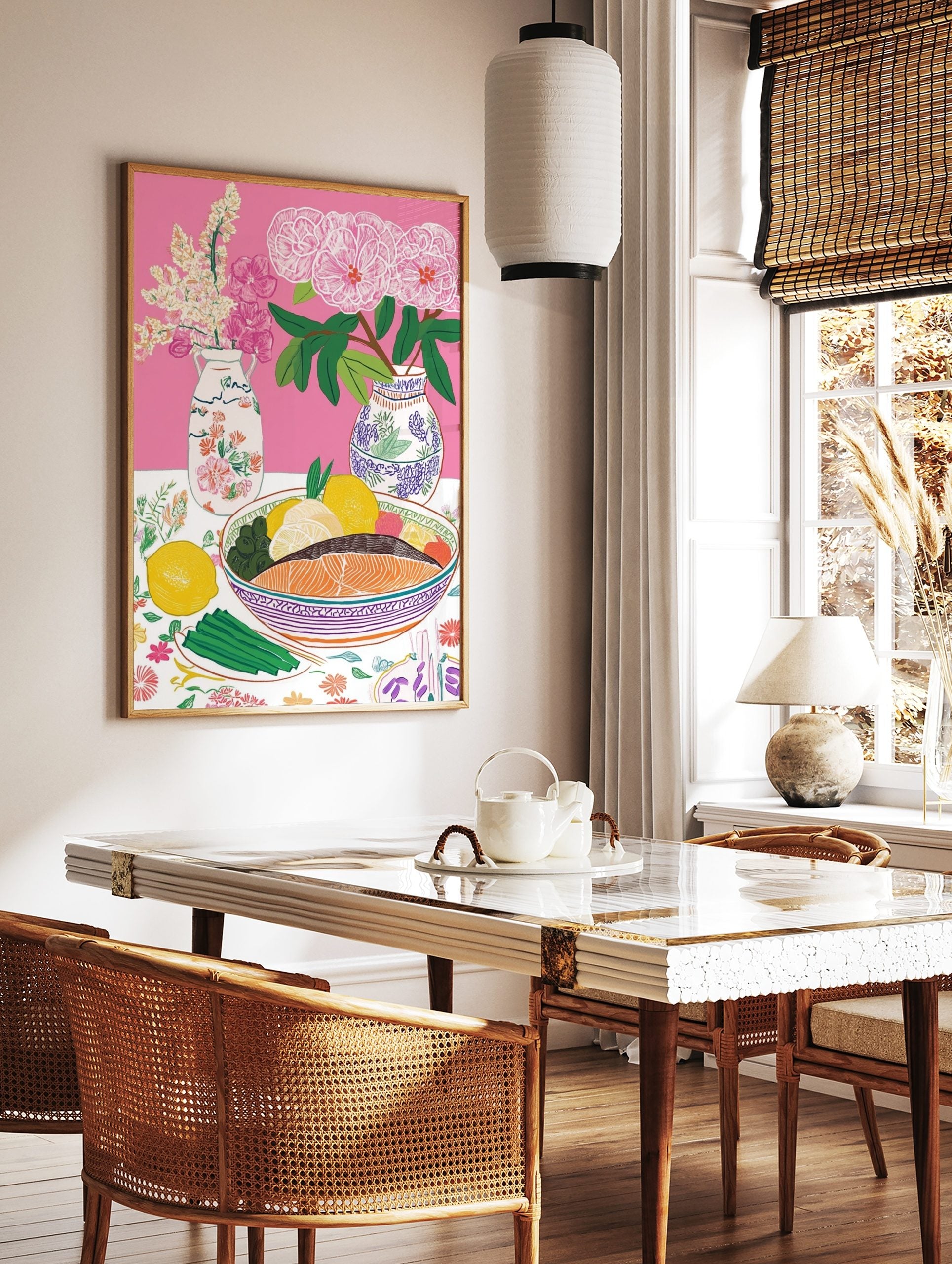 Colourful still life illustration of salmon, lemons, olives, asparagus, and pink flowers in vases, in a styled room mockup