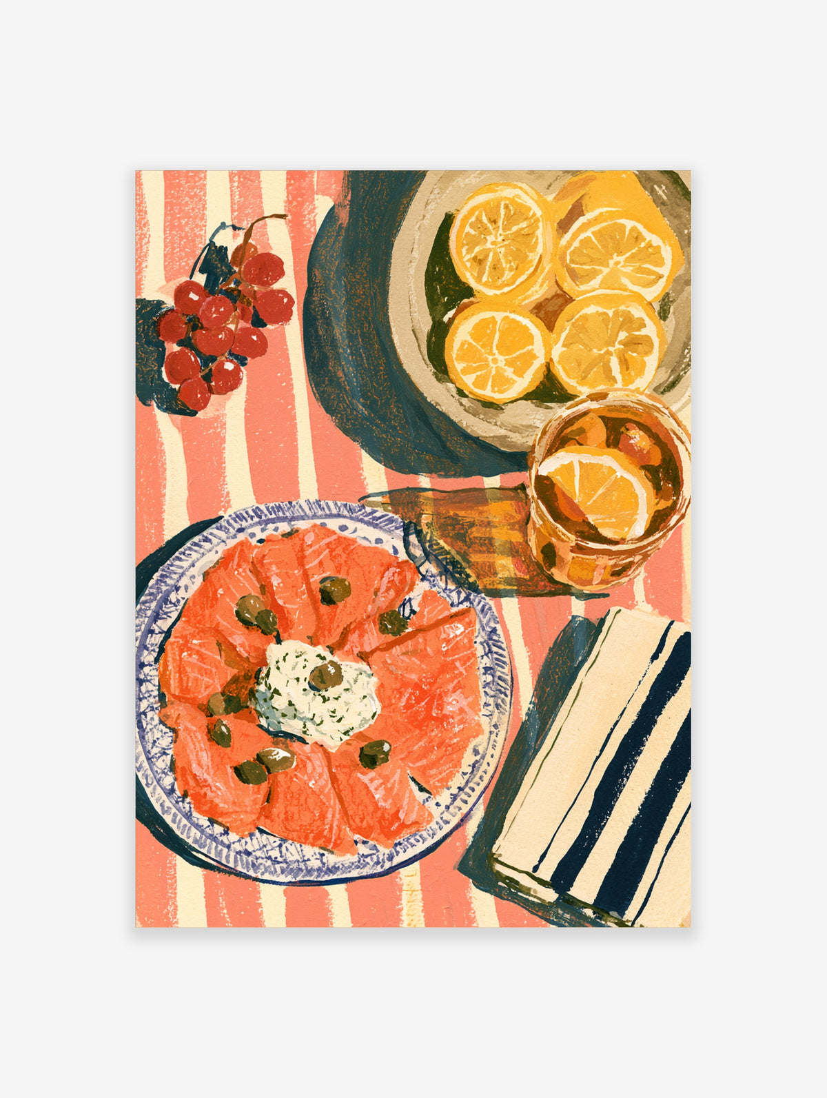 Painterly salmon brunch spread with lemon slices, capers, and iced tea on a striped tablecloth art print