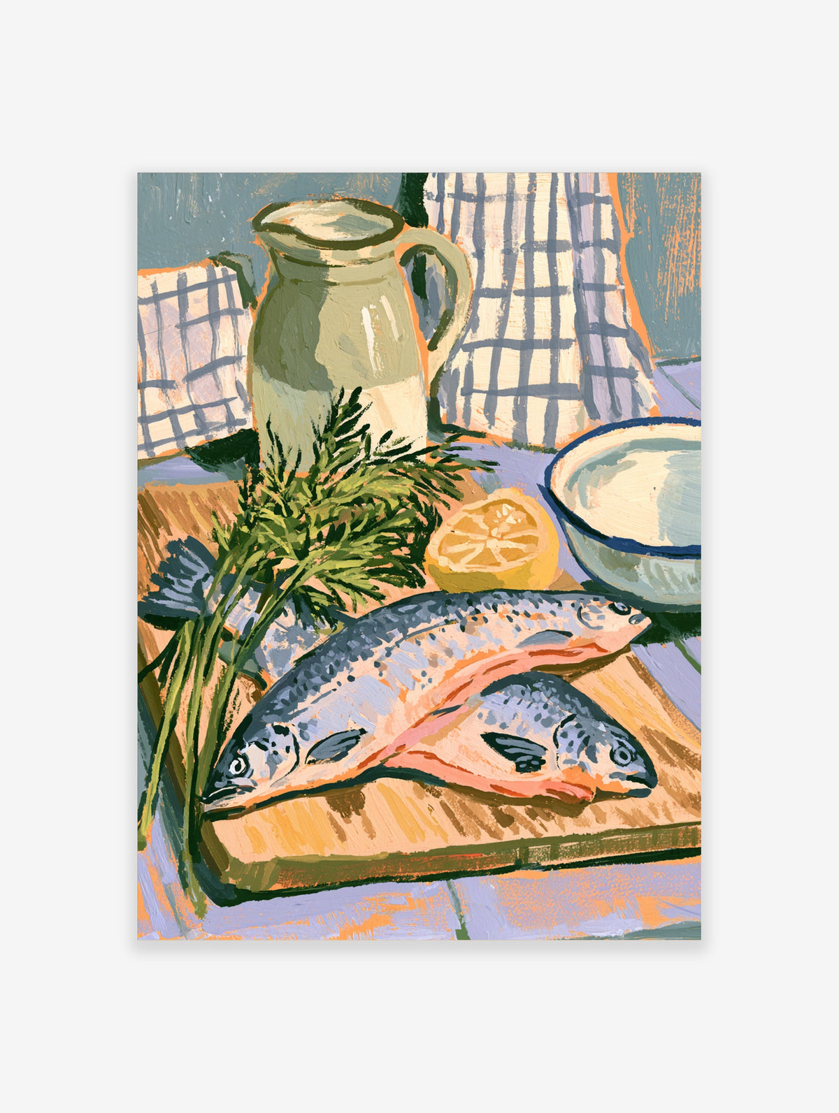 Painterly food still life poster of two salmon on a board with lemon, rosemary, jug and checked cloth