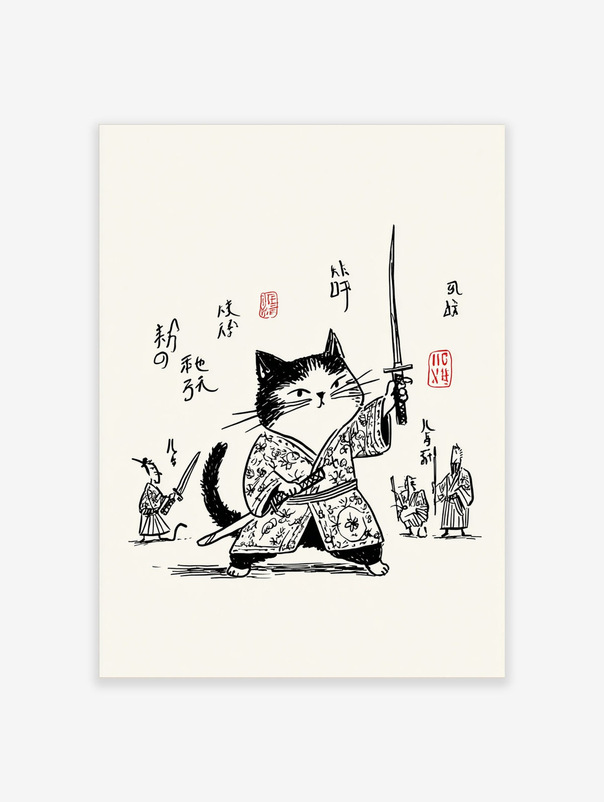 Monochrome illustrative print of a samurai cat in traditional Japanese attire, holding a katana, with smaller figures and