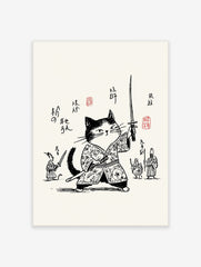 Monochrome illustrative print of a samurai cat in traditional Japanese attire, holding a katana, with smaller figures and