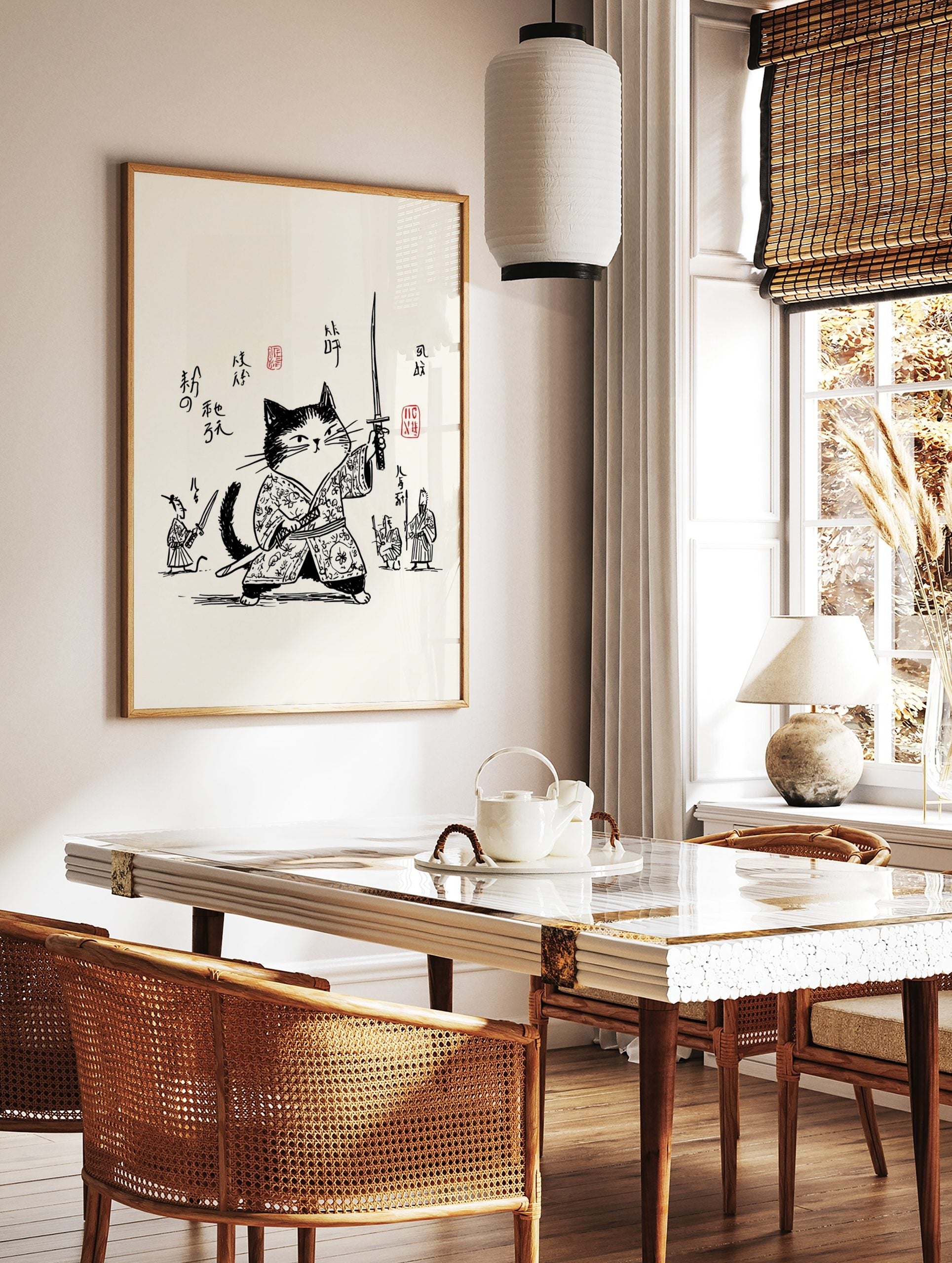 Monochrome illustrative print of a samurai cat in traditional Japanese attire, holding a katana, in a styled room mockup