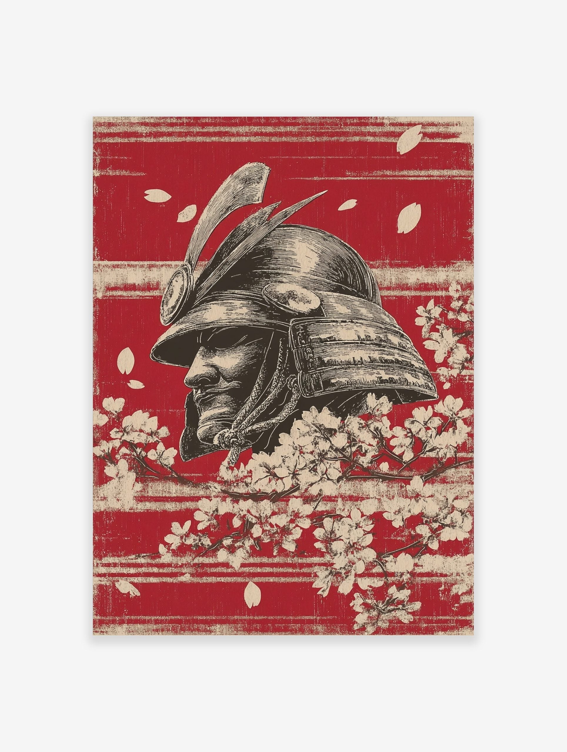 Illustrative samurai helmet in profile with cherry blossoms and petals on a textured red background