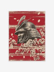 Illustrative samurai helmet in profile with cherry blossoms and petals on a textured red background