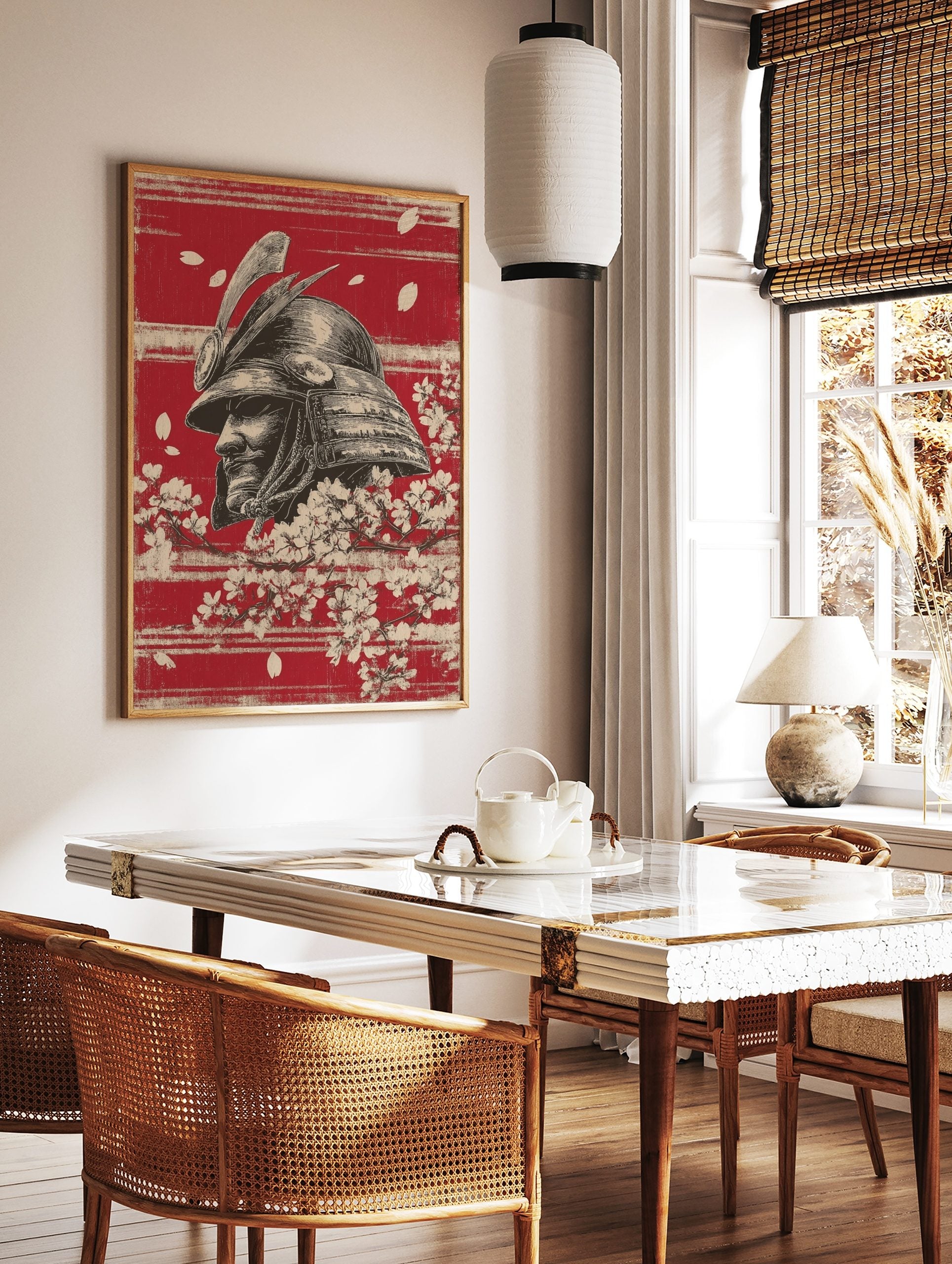 Illustrative samurai helmet in profile with cherry blossoms and petals on a textured red background, in a styled room mockup