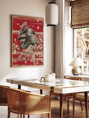 Illustrative samurai helmet in profile with cherry blossoms and petals on a textured red background, in a styled room mockup