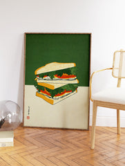 Illustrated sandwich wall art with green and beige background, featuring stacked bread, lettuce, and tomato in Japanese Ukiyo-e style. - Image 2