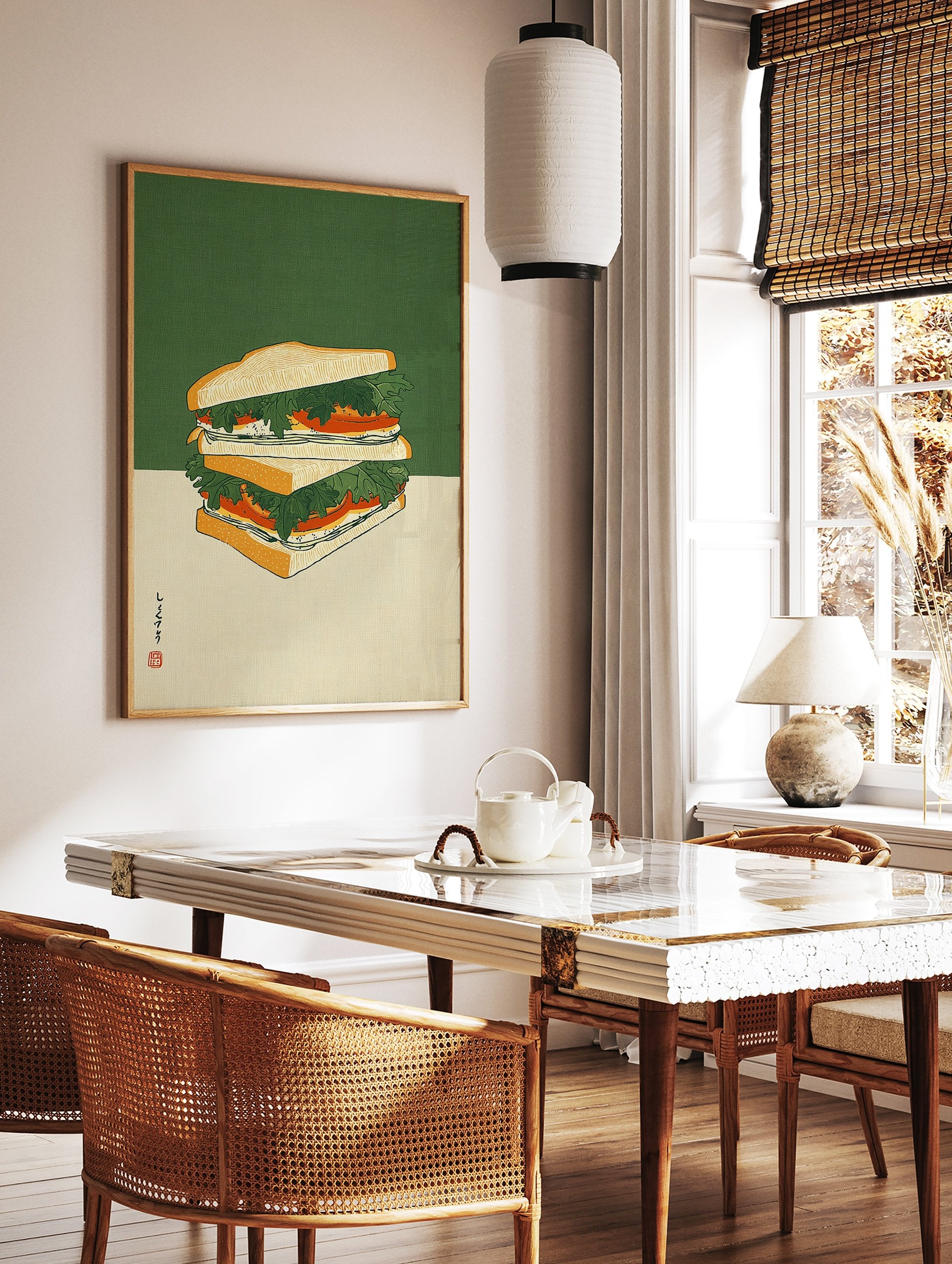 Illustrated sandwich wall art with green and beige background, featuring stacked bread, lettuce, and tomato in Japanese Ukiyo-e style. - Image 3