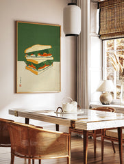 Illustrated sandwich wall art with green and beige background, featuring stacked bread, lettuce, and tomato in Japanese Ukiyo-e style. - Image 3