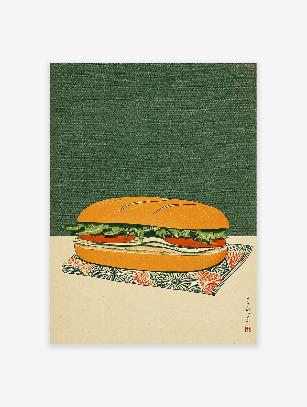 Japanese Ukiyo-e style sandwich wall art print featuring a sub on a patterned napkin against a dark green background.