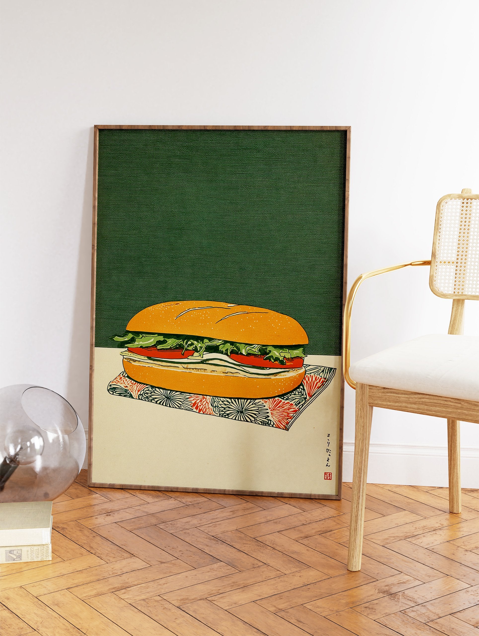 Japanese Ukiyo-e style sandwich wall art print featuring a sub on a patterned napkin against a dark green background. - Image 2