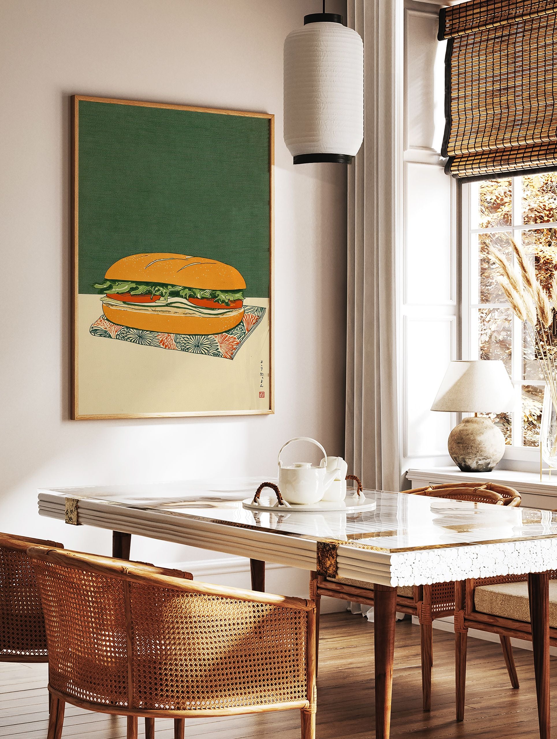 Japanese Ukiyo-e style sandwich wall art print featuring a sub on a patterned napkin against a dark green background. - Image 3