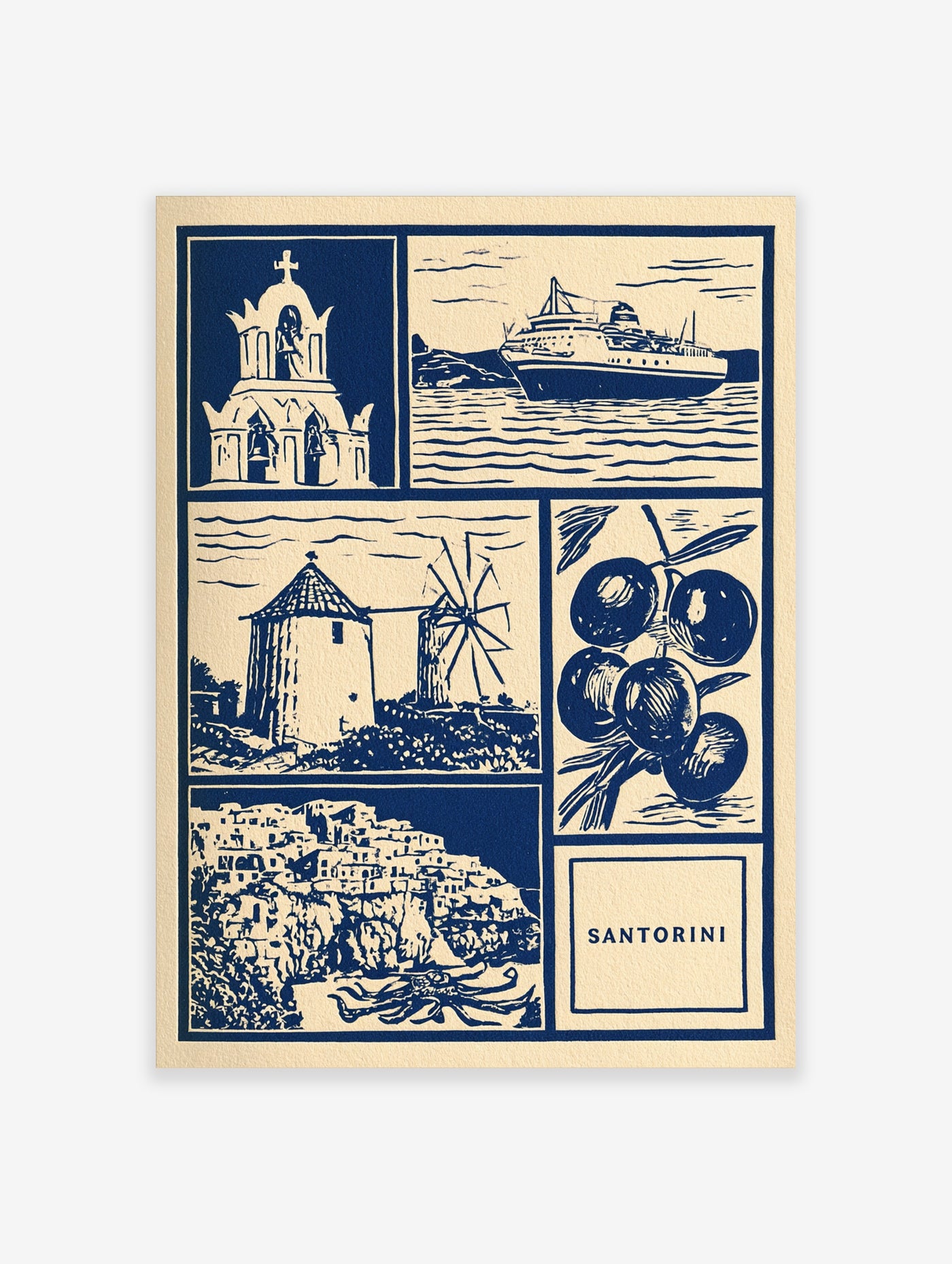 Santorini travel poster with blue illustrations of a church, windmill, ship, and olives on a cream background