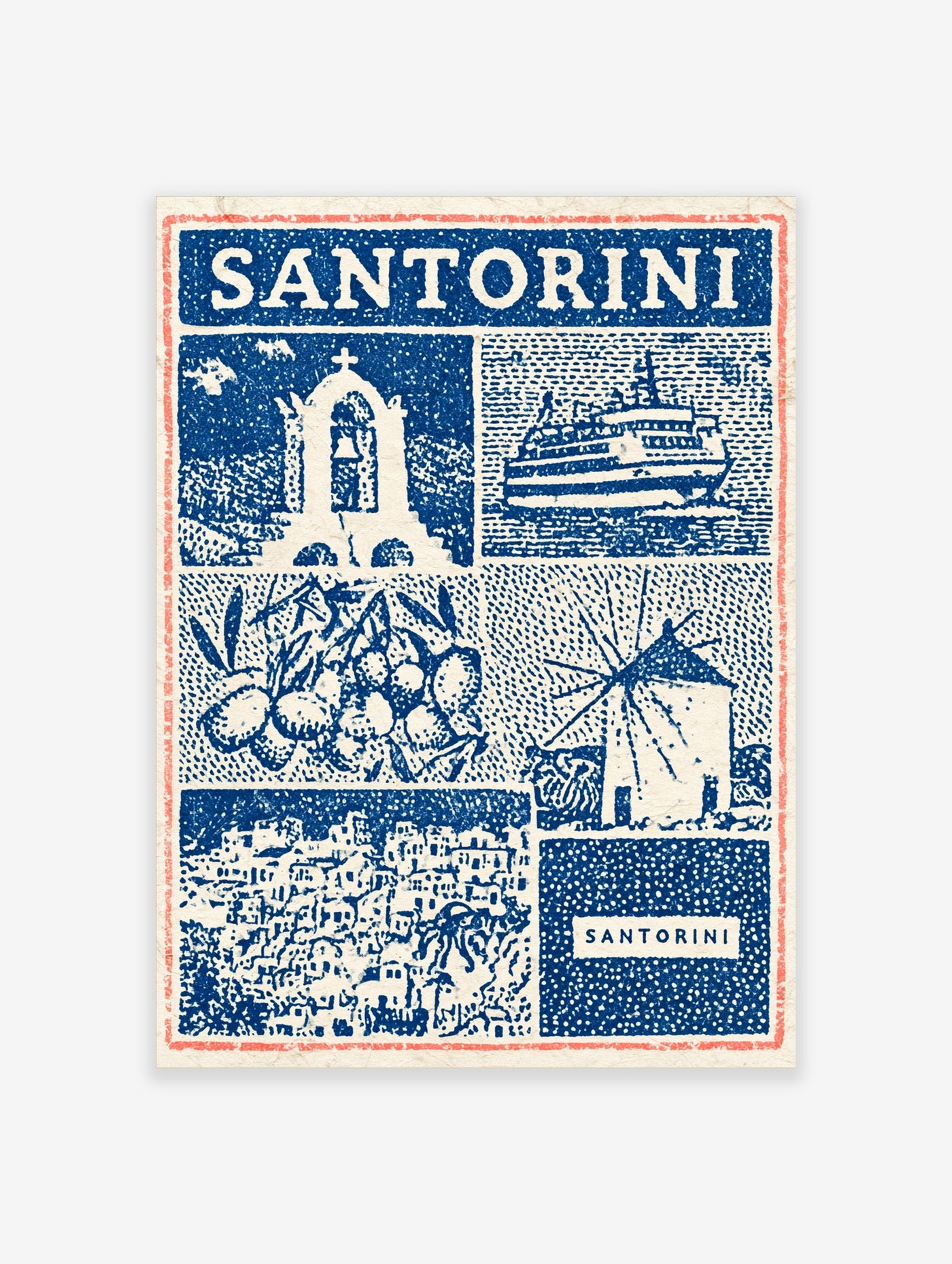 Blue and white Santorini illustration featuring a church, ferry, olive branch, and windmill in a grid layout